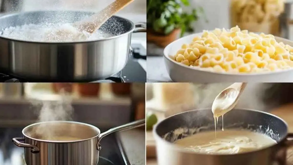 Quatre étapes montrant la préparation des pâtes au Boursin : cuisson de la pâte, préparation de la sauce, et mélange dans la poêle.