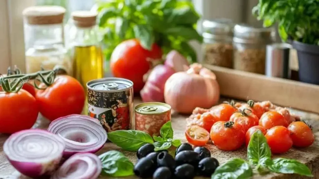 Ingrédients frais pour la pizza au thon : tomates, oignons rouges, olives noires, basilic, huile d'olive et thon en boîte, soigneusement disposés sur une planche en bois.