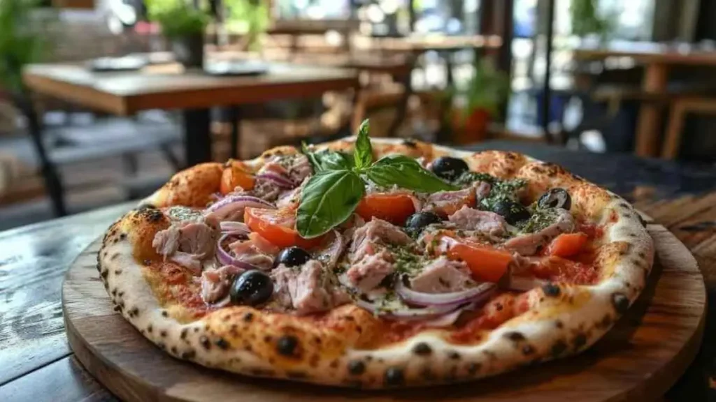 Pizza au thon garnie de mozzarella, tomates fraîches, oignons rouges, olives noires et basilic, servie dans un restaurant italien ensoleillé avec une atmosphère chaleureuse.