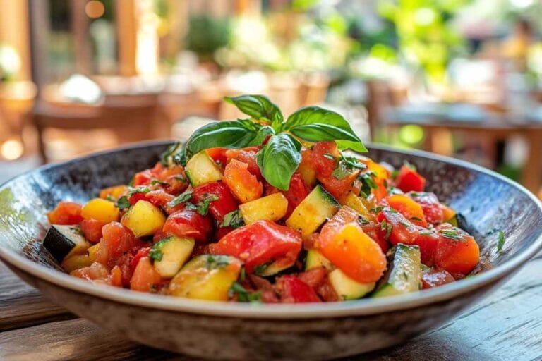 Salade de légumes frais, composée de tomates, courgettes et basilic frais, dans un bol élégant.
