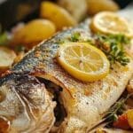 Poisson entier rôti au four avec des pommes de terre, des tranches de citron et des herbes fraîches.