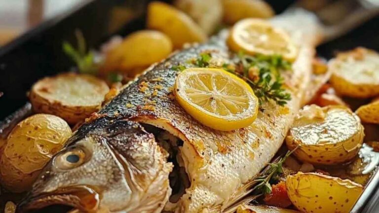 Poisson entier rôti au four avec des pommes de terre, des tranches de citron et des herbes fraîches.