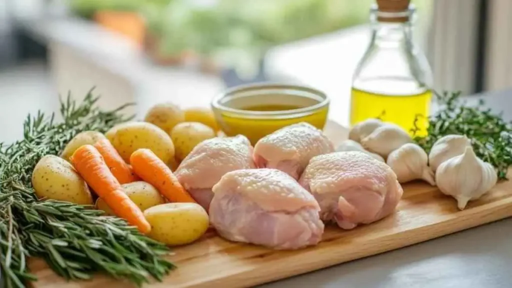 Ingrédients frais pour la recette de cuisse de pintade : cuisses de pintade crues, pommes de terre, carottes, ail, romarin et huile d'olive, disposés sur une planche en bois.