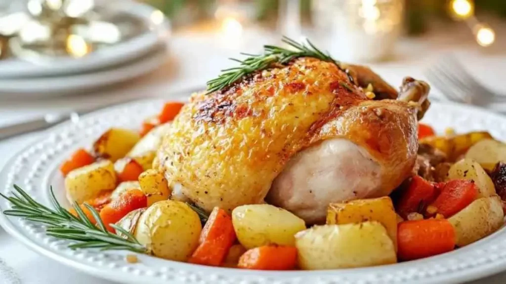 Cuisse de pintade rôtie accompagnée de pommes de terre, de carottes et de romarin frais, servie dans une ambiance festive et élégante.