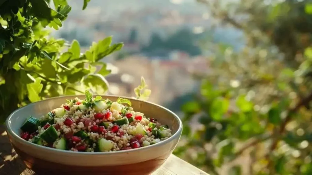 Un bol de taboulé frais avec des tomates, du concombre, du persil, de la menthe et des graines de grenade, posé sur une terrasse ensoleillée avec vue sur la ville.