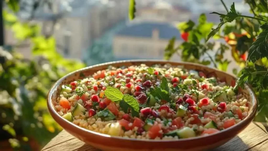 Un bol de taboulé frais avec des tomates, du concombre, du persil, de la menthe et des graines de grenade, posé sur une terrasse ensoleillée avec vue sur la ville.