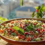 Un bol de taboulé frais avec des tomates, du concombre, du persil, de la menthe et des graines de grenade, posé sur une terrasse ensoleillée avec vue sur la ville.