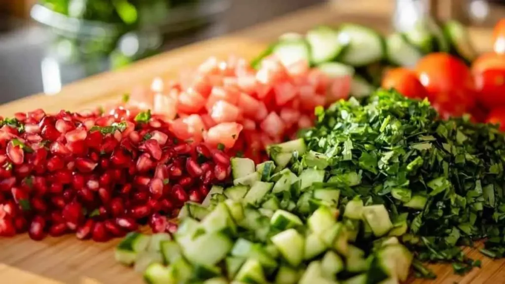 Des ingrédients frais pour un taboulé, comprenant des tomates en dés, des graines de grenade, du concombre coupé en morceaux et des herbes fraîches hachées, disposés sur une planche en bois.