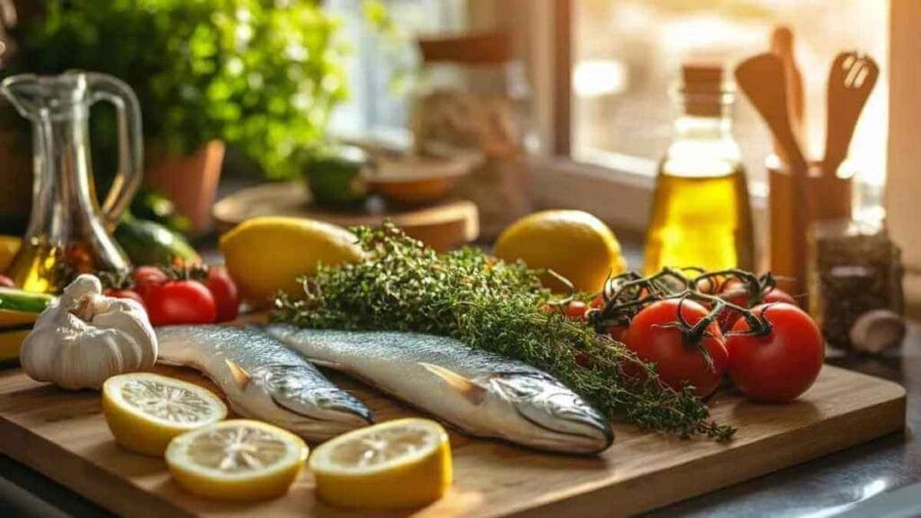 Les ingrédients frais pour la recette de thonine, comprenant des filets de poisson, des citrons, de l'ail, des tomates, des herbes fraîches et de l'huile d'olive, dans une cuisine moderne ensoleillée.