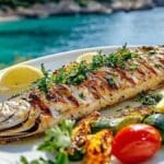 Plat de thonine grillé avec légumes méditerranéens, garniture de persil frais et citron, avec en arrière-plan la mer méditerranéenne ensoleillée.