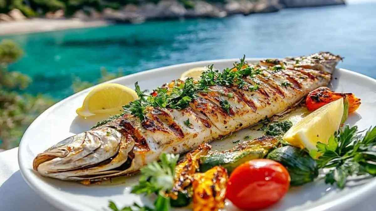 Plat de thonine grillé avec légumes méditerranéens, garniture de persil frais et citron, avec en arrière-plan la mer méditerranéenne ensoleillée.