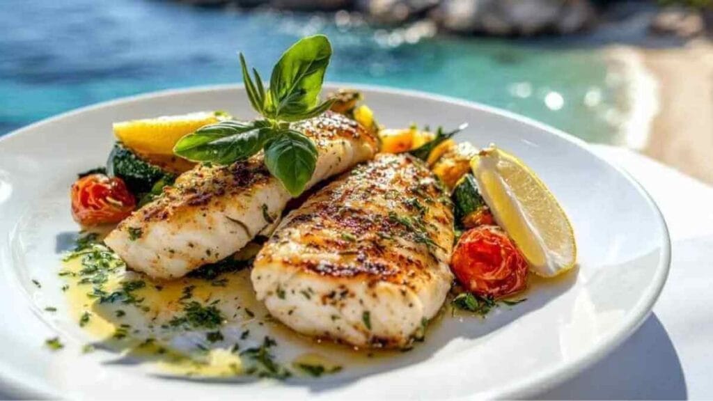 Filets de thonine grillés accompagnés de légumes méditerranéens, garnis de basilic frais, avec en arrière-plan la mer méditerranéenne ensoleillée.