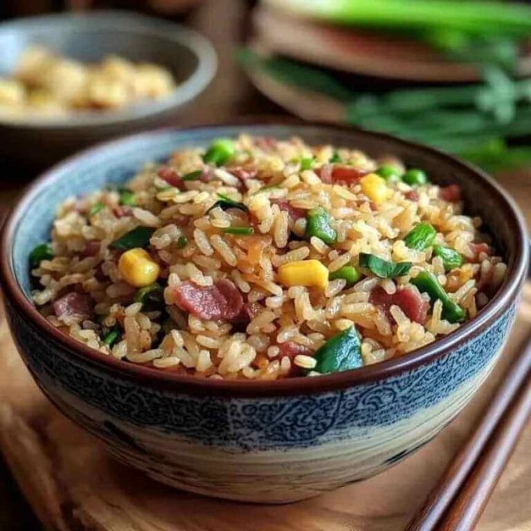 Bol de riz cantonais avec du jambon, des légumes, du maïs et des oignons verts.