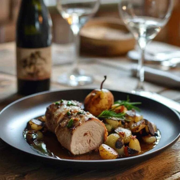 Un plat de rouelle de porc tendre accompagnée de pommes de terre rôties et d'une sauce savoureuse, servi dans un élégant assiette noire