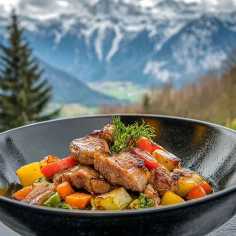 Sauté de porc accompagné de légumes colorés, avec une vue impressionnante des montagnes enneigées en arrière-plan