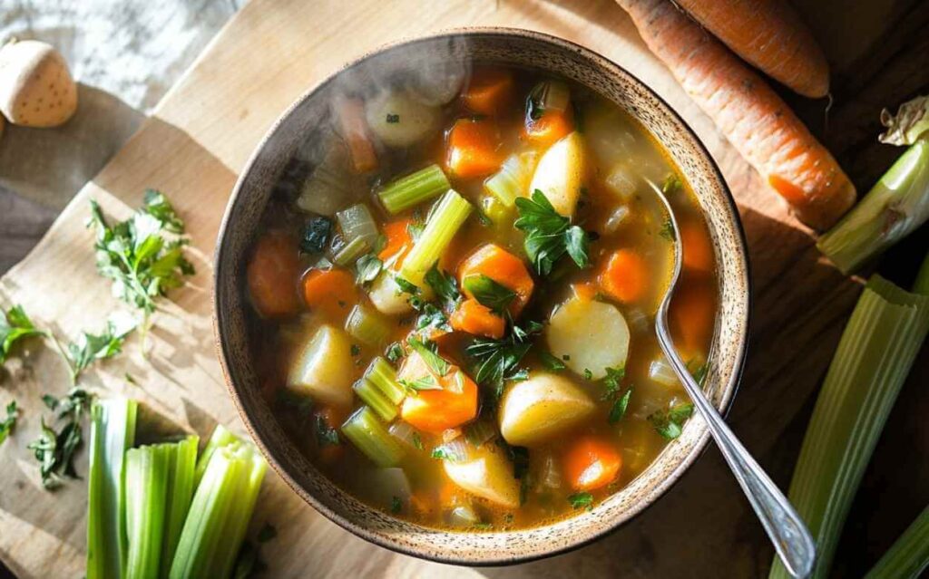 Bol de soupe aux légumes maison avec carottes, céleri, pommes de terre et persil frais, présenté sur une planche en bois avec des légumes frais à côté.