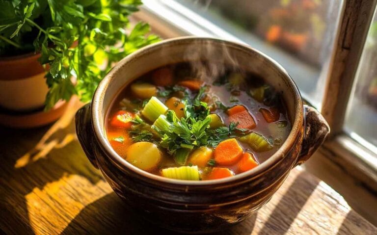 Bol rustique rempli de soupe aux légumes maison avec carottes, céleri, pommes de terre et persil frais, posé près d'une fenêtre avec de la lumière naturelle.