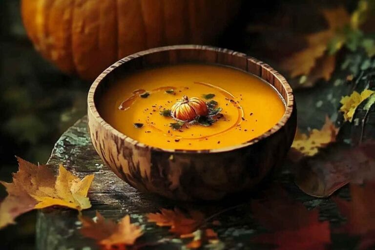 Soupe de potimarron dans un bol en bois, garnie d'un petit potimarron, entourée de feuilles d'automne