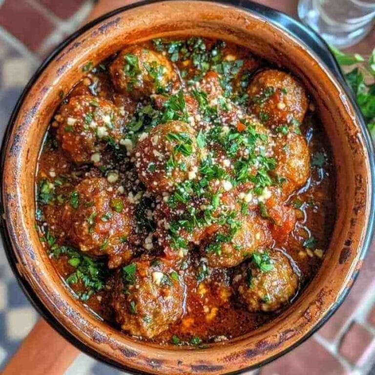 Tajine de boulettes de viande dans une sauce tomate, garni de coriandre fraîche et de fromage râpé.