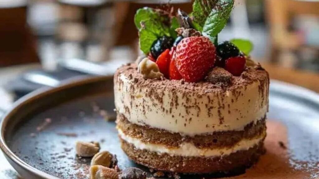 Tiramisu express décoré de fruits frais et de menthe, avec des couches visibles de crème mascarpone et de biscuits, sur un plateau de présentation en bois.