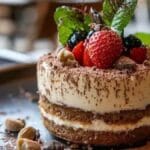 Tiramisu express décoré de fruits frais et de menthe, avec des couches visibles de crème mascarpone et de biscuits, sur un plateau de présentation en bois.