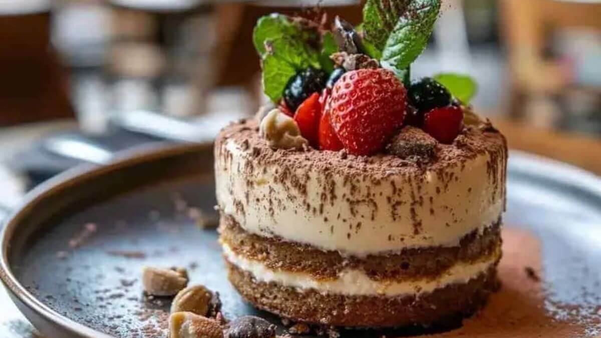 Tiramisu express décoré de fruits frais et de menthe, avec des couches visibles de crème mascarpone et de biscuits, sur un plateau de présentation en bois.