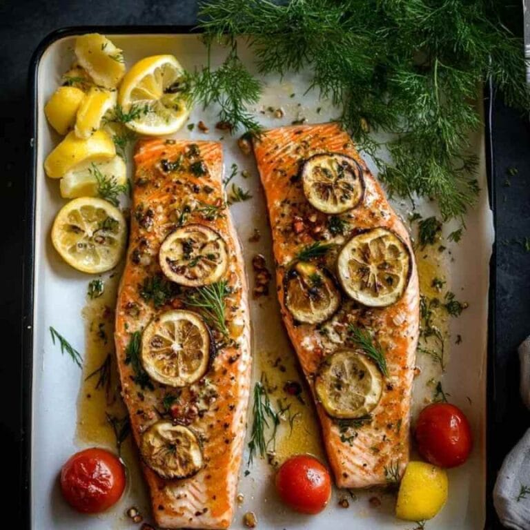 Truite au four avec tranches de citron, herbes fraîches, tomates cerises et pommes de terre.