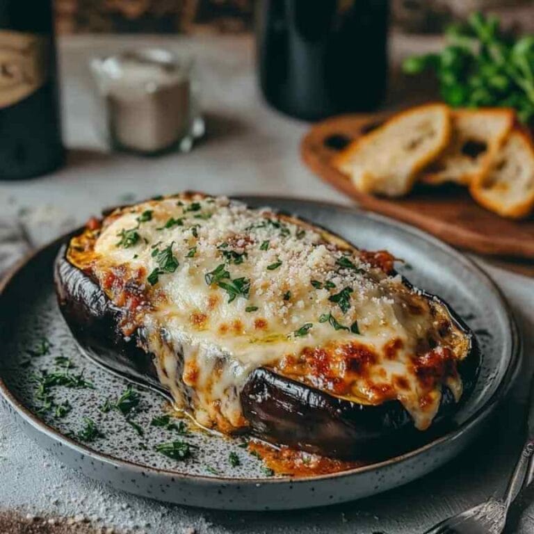 Aubergines au four gratinées avec du fromage, servies dans une assiette avec du parmesan et du thym frais
