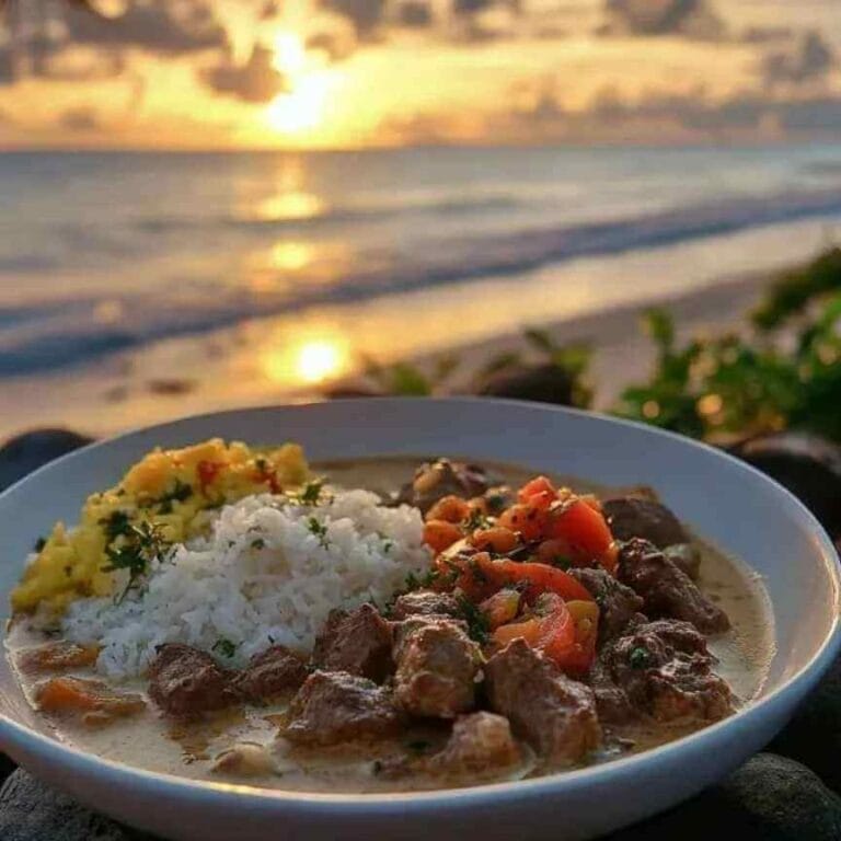 Un plat de bœuf au lait de coco accompagné de riz blanc et de légumes, servi sur une plage au coucher du soleil.
