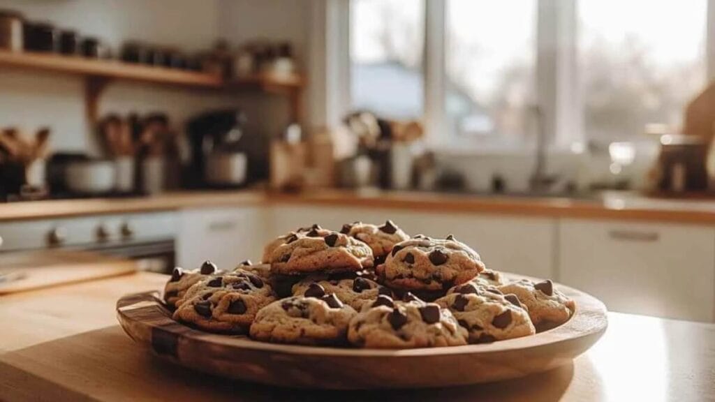 Cookies aux pépites de chocolat sur une assiette en bois avec un arrière-plan de cuisine moderne ensoleillée.