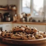 Cookies aux pépites de chocolat sur une assiette en bois avec un arrière-plan de cuisine moderne ensoleillée.