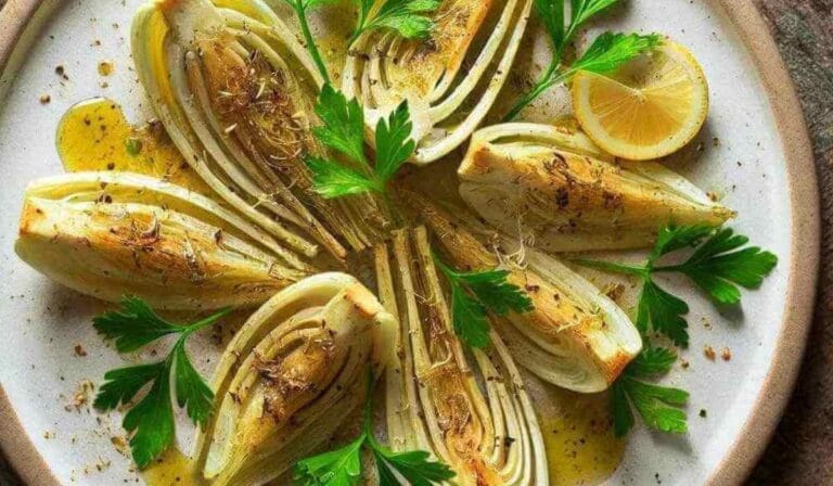 Fenouil rôti au miel et citron, accompagné de persil frais et de tranches de citron, sur une assiette.