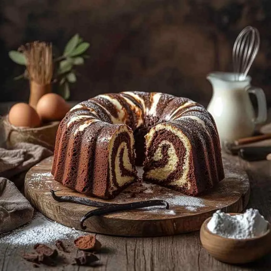 Gâteau marbré en forme de couronne avec un intérieur chocolaté et vanillé