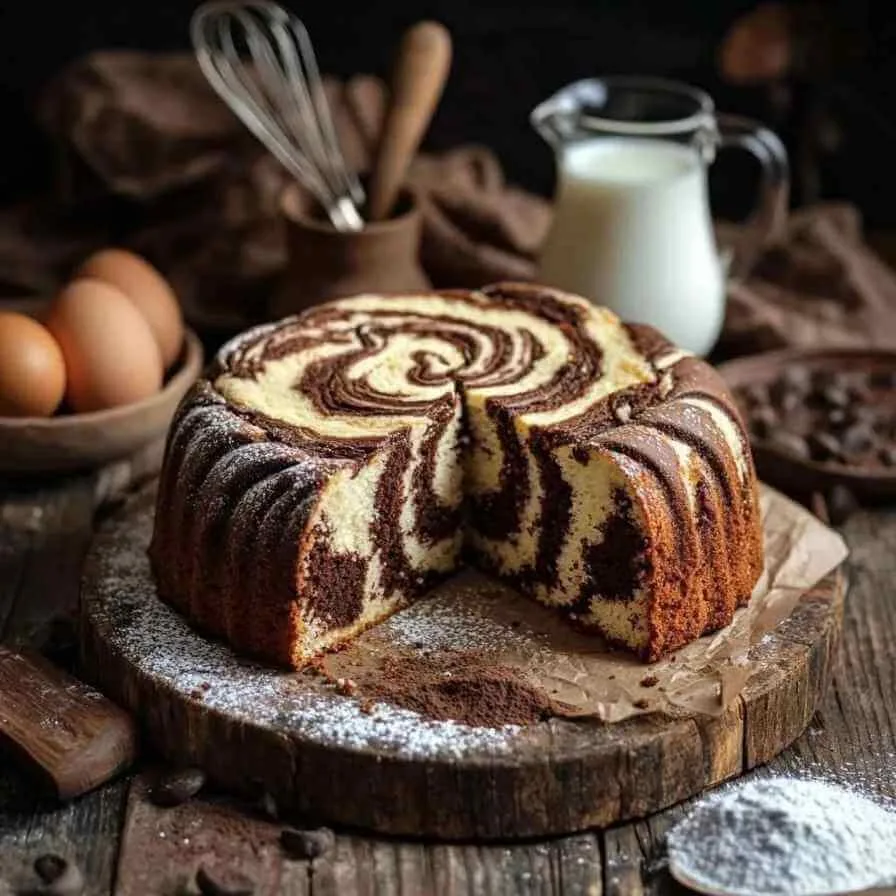 Gâteau marbré avec une spirale chocolatée et vanillée, saupoudré de sucre glace