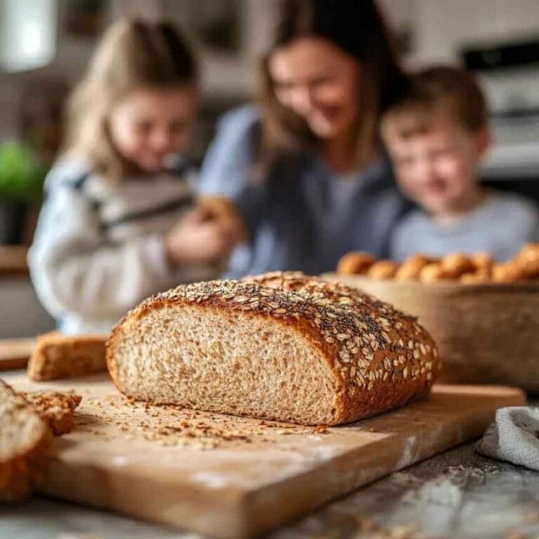 Pain sans gluten avec croûte dorée et graines de sésame, posé sur une planche en bois, avec des enfants flous en arrière-plan