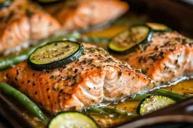 Saumon au four avec courgettes et haricots verts, assaisonné d'herbes fraîches.