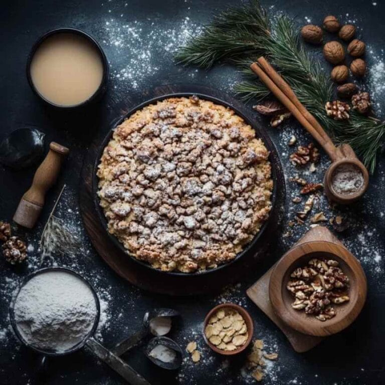 Un Streusel doré et croustillant, garni de noix, accompagné de farine et d'autres ingrédients pour la préparation