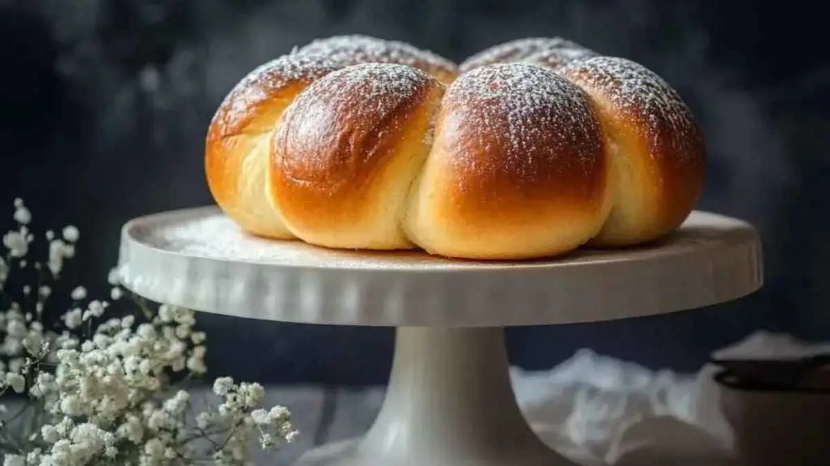 Brioche moelleuse saupoudrée de sucre glace, posée sur un support en céramique, entourée de fleurs.