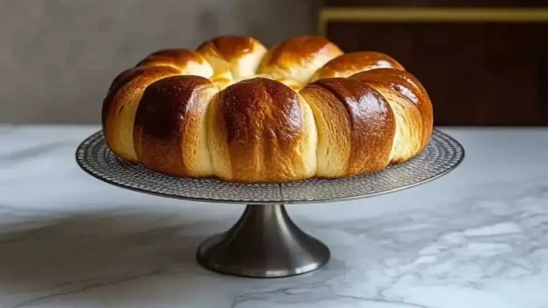 Brioche moelleuse dorée, joliment disposée sur un plat en métal, avec une décoration simple en arrière-plan.