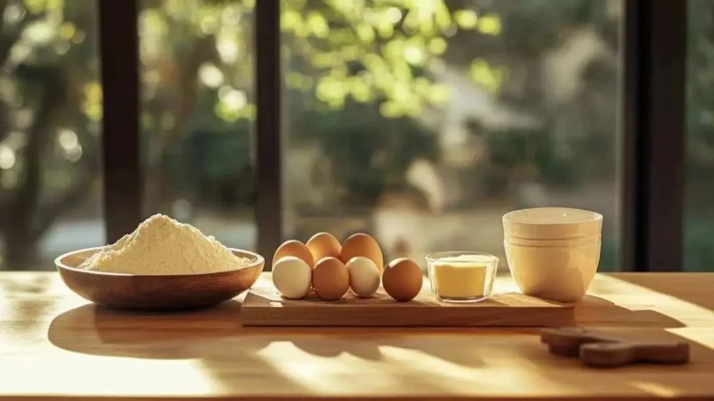 Ingrédients pour brioche moelleuse : farine, œufs, beurre et lait, sur un plan de travail en bois avec une lumière naturelle.