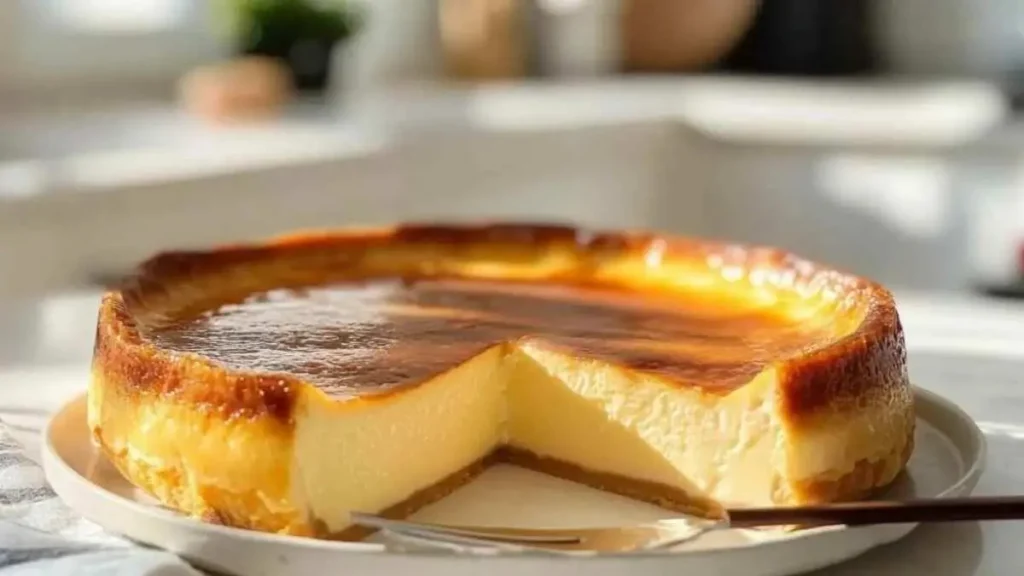 Flan pâtissier doré avec une texture crémeuse à l'intérieur, coupé en parts, sur une assiette dans une cuisine ensoleillée.