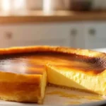 Flan pâtissier coupé en parts avec une croûte dorée et une texture crémeuse à l'intérieur, sur une assiette dans une cuisine lumineuse.