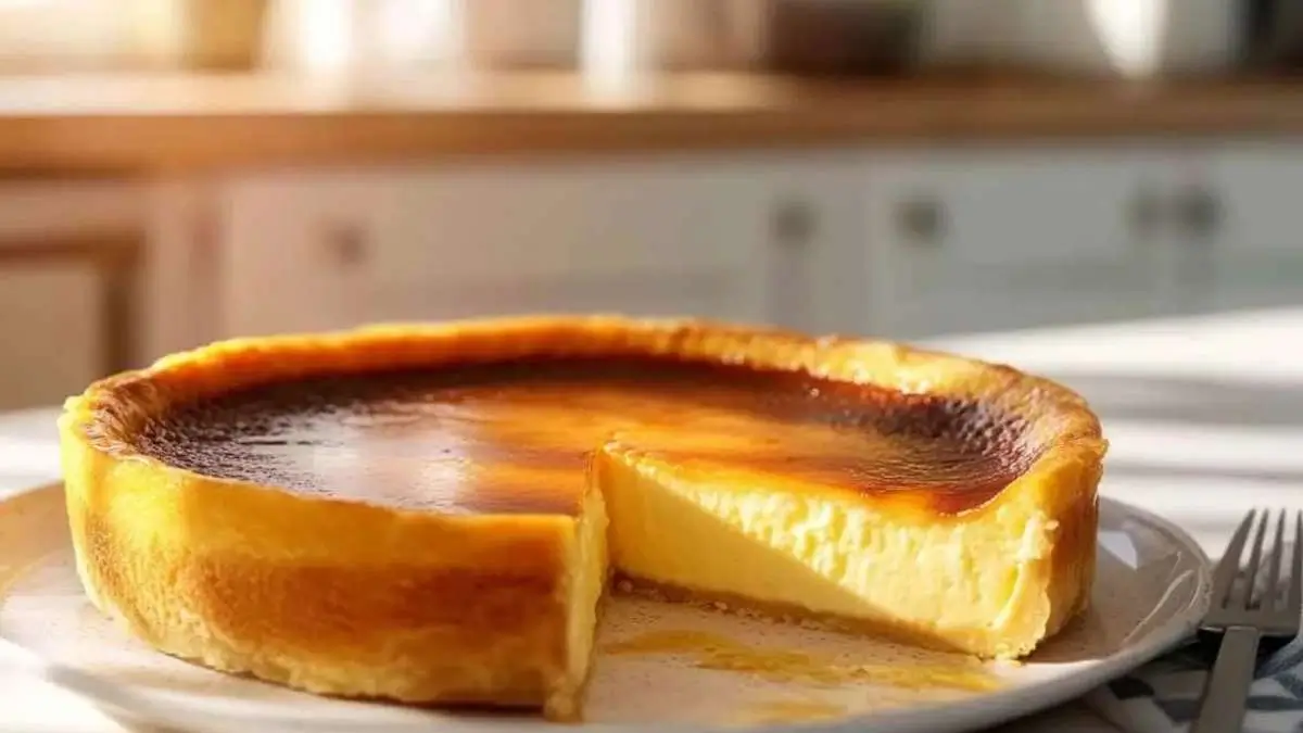 Flan pâtissier coupé en parts avec une croûte dorée et une texture crémeuse à l'intérieur, sur une assiette dans une cuisine lumineuse.