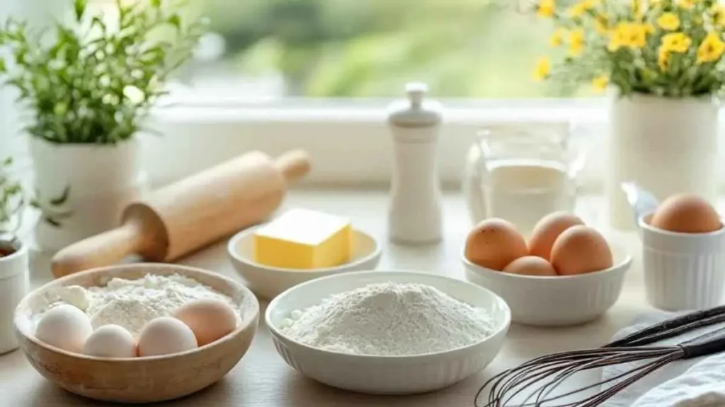 Ingrédients pour le flan pâtissier, comprenant des œufs, de la farine, du beurre, et du lait, disposés sur un plan de travail dans une cuisine lumineuse.