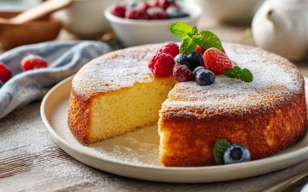 Gâteau au yaourt moelleux avec une tranche coupée, saupoudré de sucre glace et décoré de fruits rouges frais et de feuilles de menthe sur une assiette blanche.