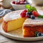 Gâteau au yaourt moelleux avec une tranche coupée, saupoudré de sucre glace et décoré de fruits rouges frais et de feuilles de menthe sur une assiette blanche.
