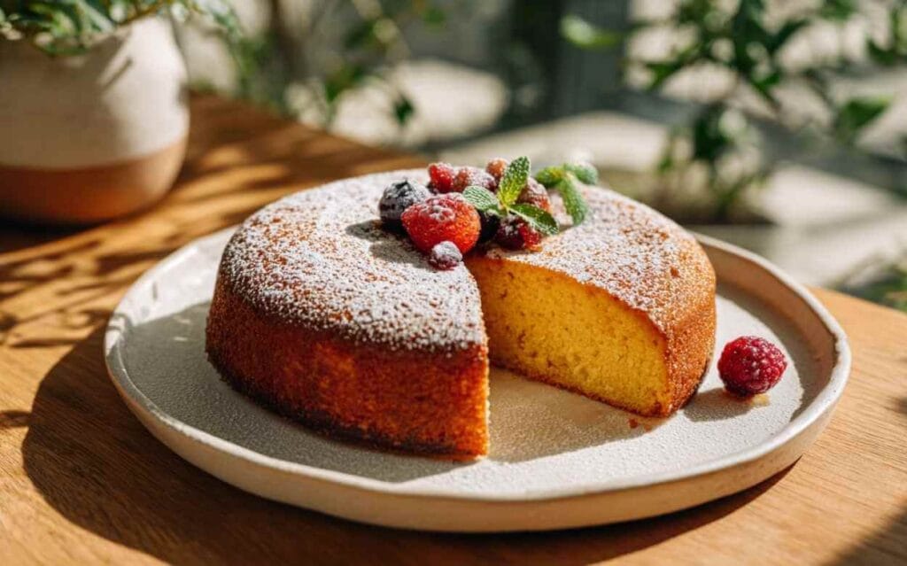 Gâteau au yaourt moelleux avec une tranche coupée, saupoudré de sucre glace et décoré de fruits rouges et feuilles de menthe, posé sur une assiette blanche sur une table en bois ensoleillée.