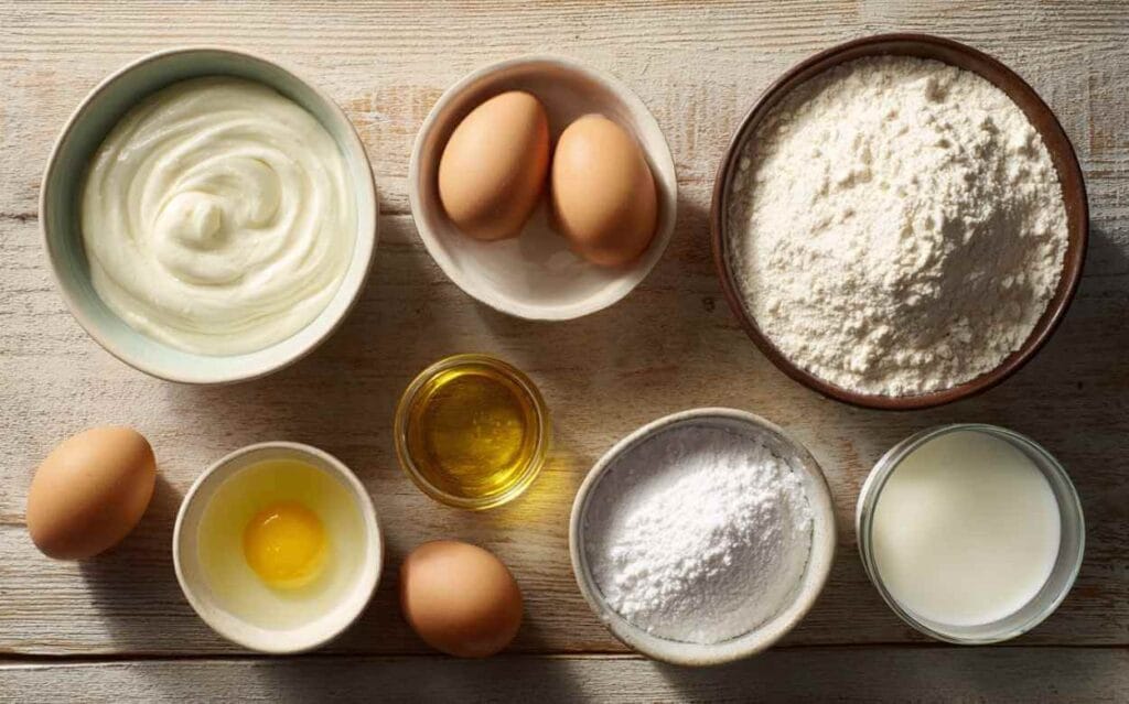 Ingrédients pour gâteau au yaourt disposés dans des petits bols sur une table en bois : yaourt nature, œufs, farine, huile, sucre glace, et lait.
