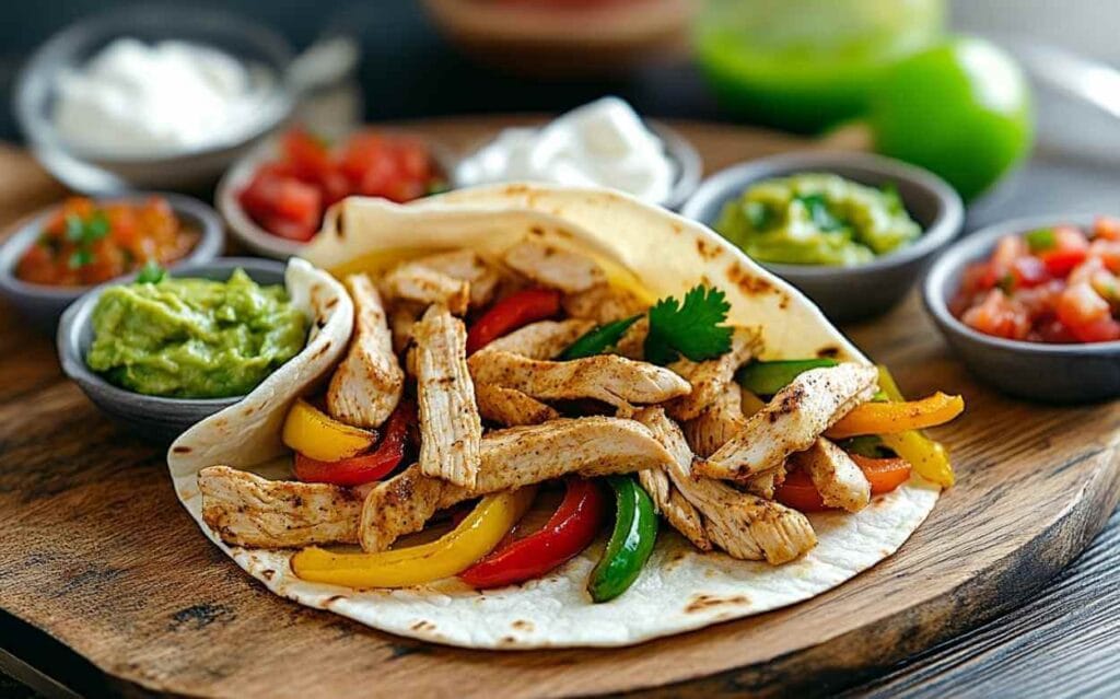 Fajita au poulet mexicain garnie de lanières de poulet grillé et de poivrons colorés, servie sur une tortilla chaude avec des bols de guacamole, salsa et crème aigre en arrière-plan.