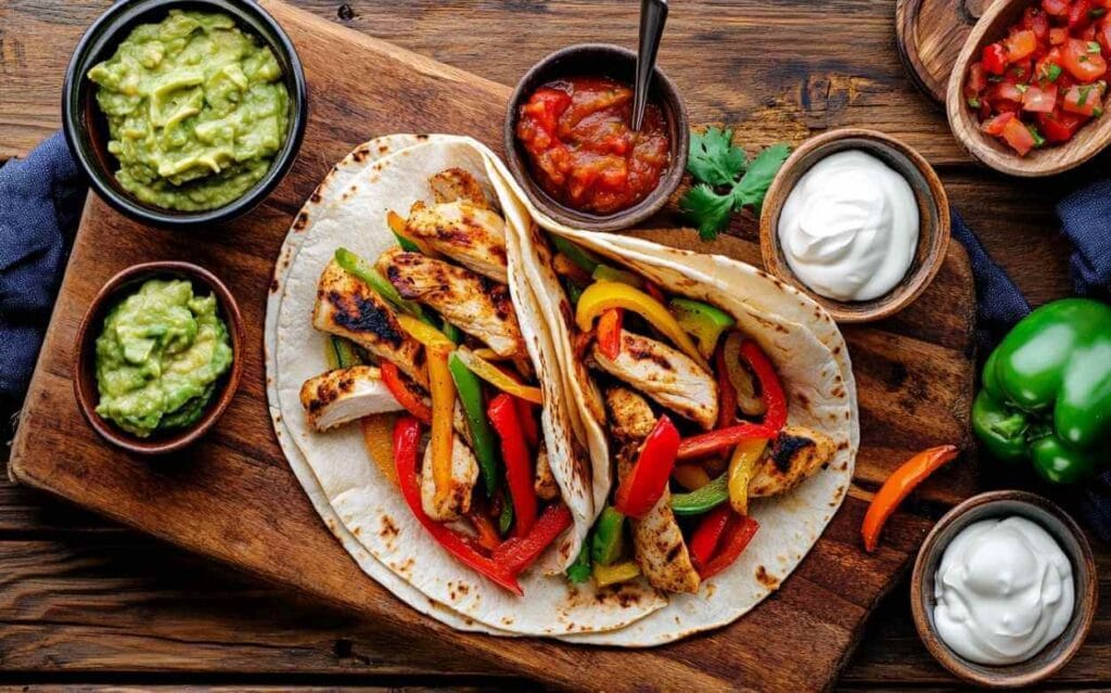 Fajitas au poulet mexicain avec morceaux de poulet grillé, poivrons colorés, tortillas chaudes, accompagnées de guacamole, salsa et crème aigre sur une planche en bois.